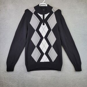 Carbon Sweater Mens L‎ Black Gray Argyle Diamond Quarter Zip Knit Preppy Grandpa